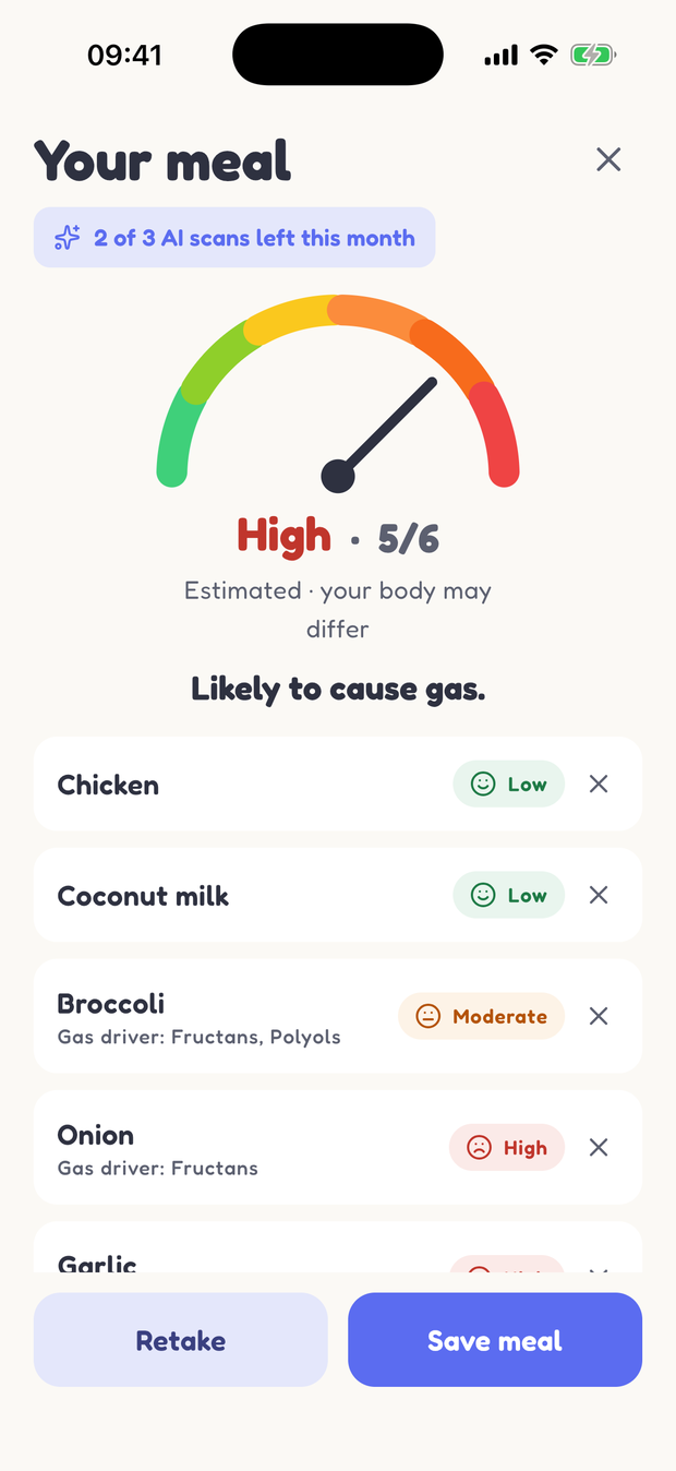 Rumbelly result: this meal is High — onion and garlic flagged as hidden triggers